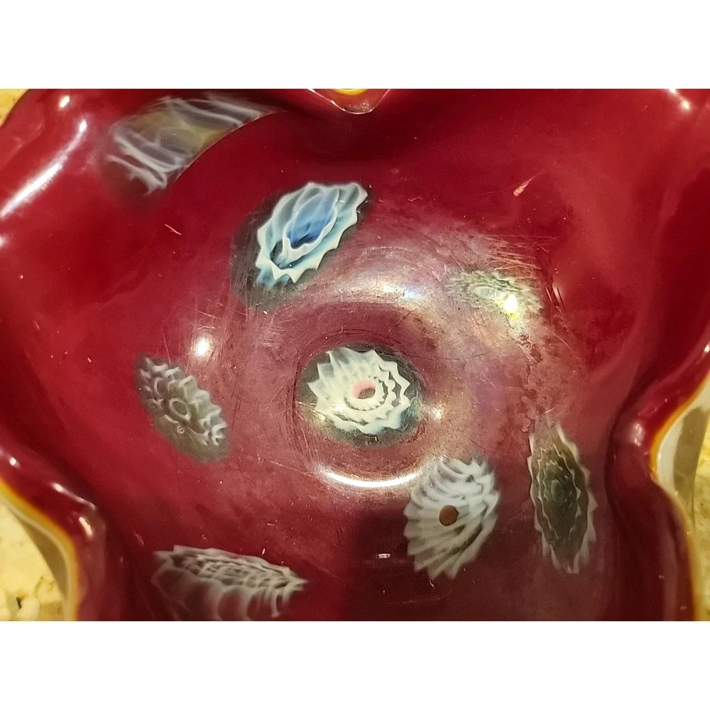 Vintage Mid Century Italian Murano Millefiori Scalloped Art Glass Ashtray Bowl